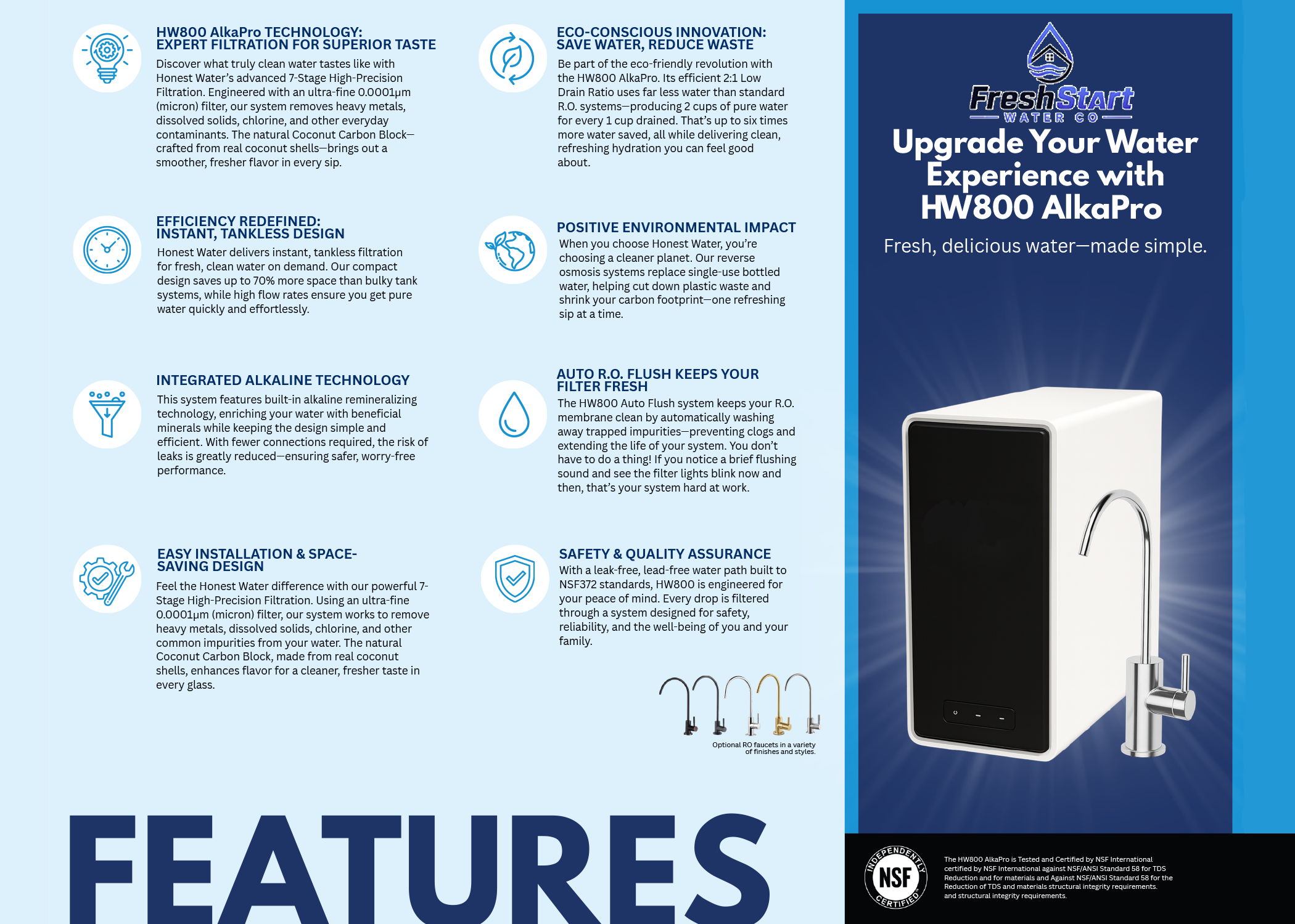 Tankless reverse osmosis drinking water system with designer faucet