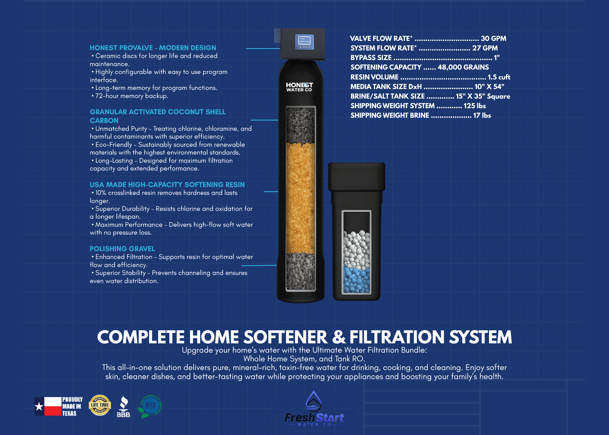 Whole home water softener tank with digital control valve and brine tank
